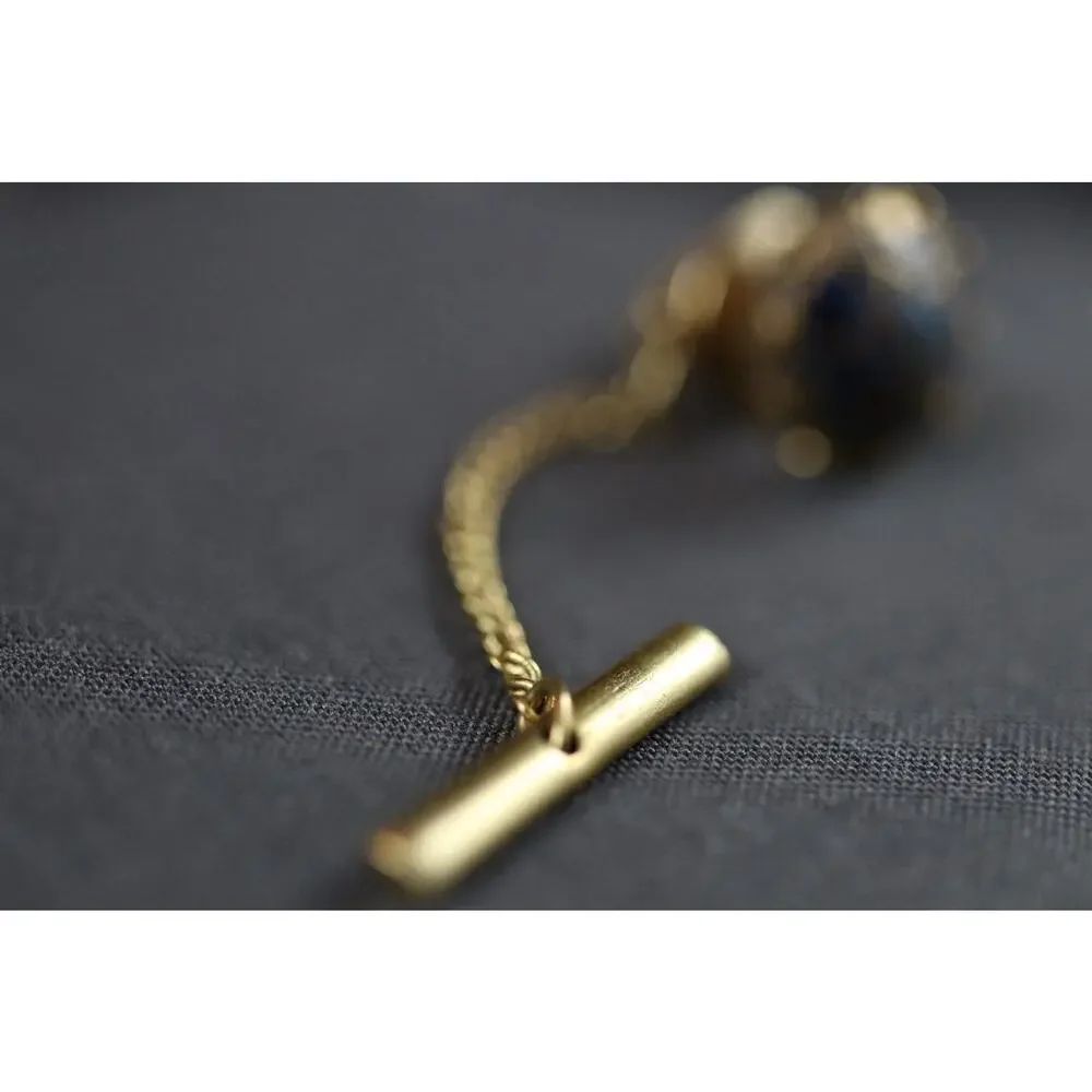 Vintage Gold Tone Tie Tack, Lapis-Style Mosaic Stone Ball, Chain & Bar Back